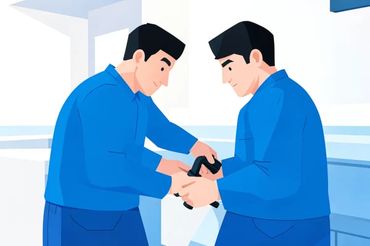 Homem de uniforme azul consertando um cano exposto sob uma pia de cozinha.
