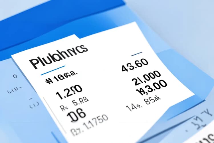 Close-up de uma conta de serviços hidráulicos com valores em reais.