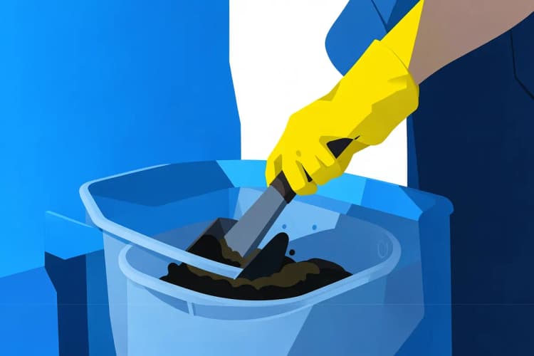 Homem usando luvas de borracha e uma pá para remover gordura solidificada de uma caixa de gordura.