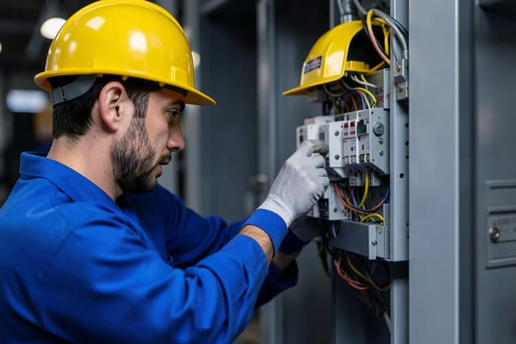Um eletricista com capacete amarelo e uniforme azul, usando luvas de proteção, inspeciona um disjuntor em um painel elétrico com fios visíveis, em um ambiente interno com pouca luz.