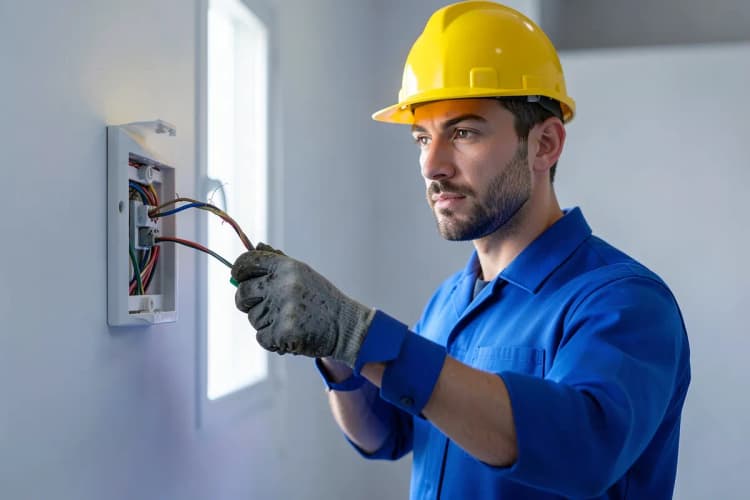 Um eletricista com capacete amarelo e uniforme azul, usando luvas, aponta para um fio desencapado em uma caixa de junção em uma parede, com uma chave de fenda na mão.