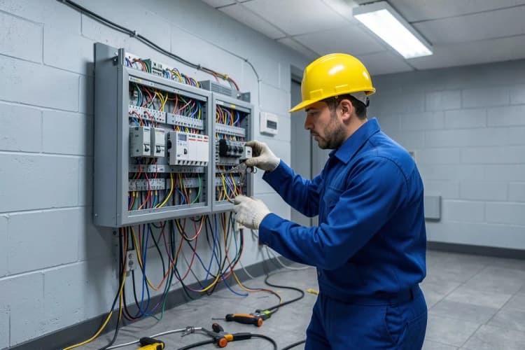Um eletricista com capacete amarelo e uniforme azul, usando luvas, trabalha em um quadro de distribuição de energia com fios coloridos e disjuntores, em uma sala de serviço com ferramentas espalhadas.