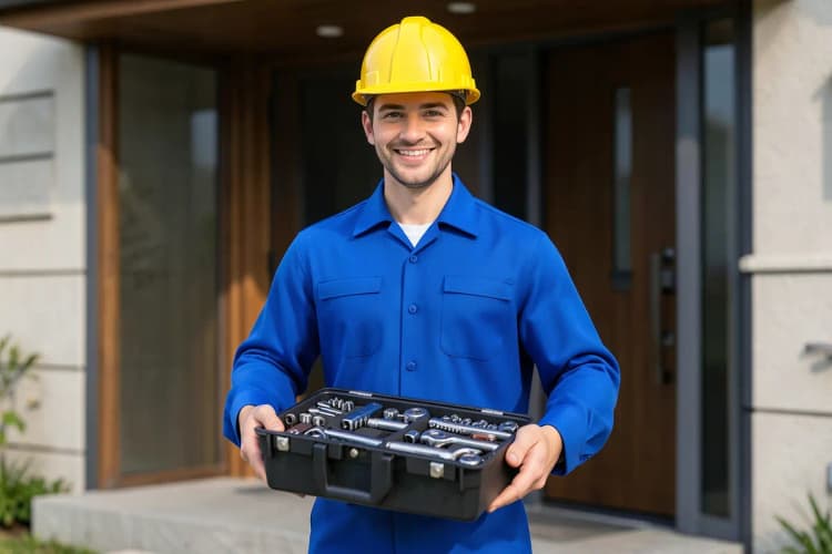 Um eletricista com capacete amarelo e uniforme azul, sorrindo, segura uma caixa de ferramentas aberta, mostrando diversas ferramentas elétricas, em frente a uma casa com a porta de entrada visível.