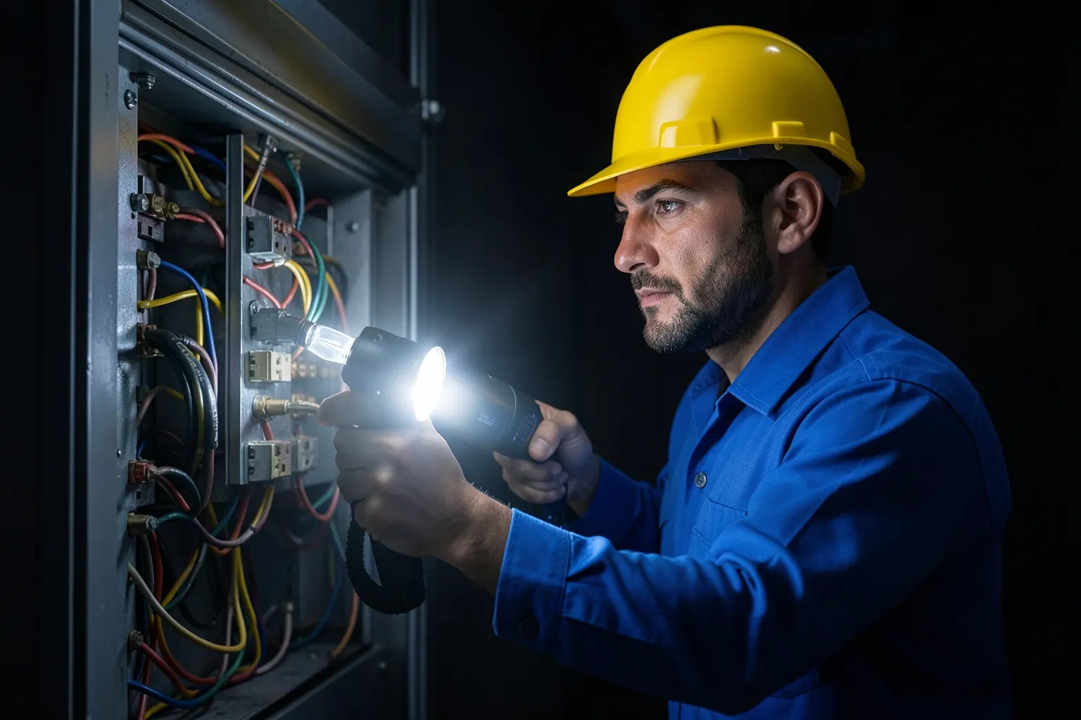 Um eletricista com capacete amarelo e uniforme azul, segurando uma lanterna e olhando para um painel elétrico com fios expostos, em uma sala escura com iluminação de emergência.
