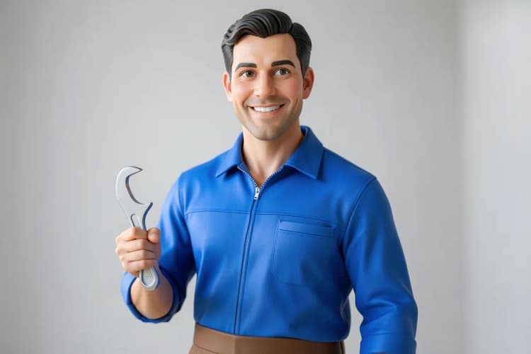 Encanador com uniforme azul e marrom, sorrindo e segurando uma chave inglesa.