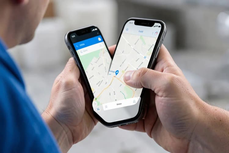 Encanador usando um smartphone para verificar um endereço em um mapa.