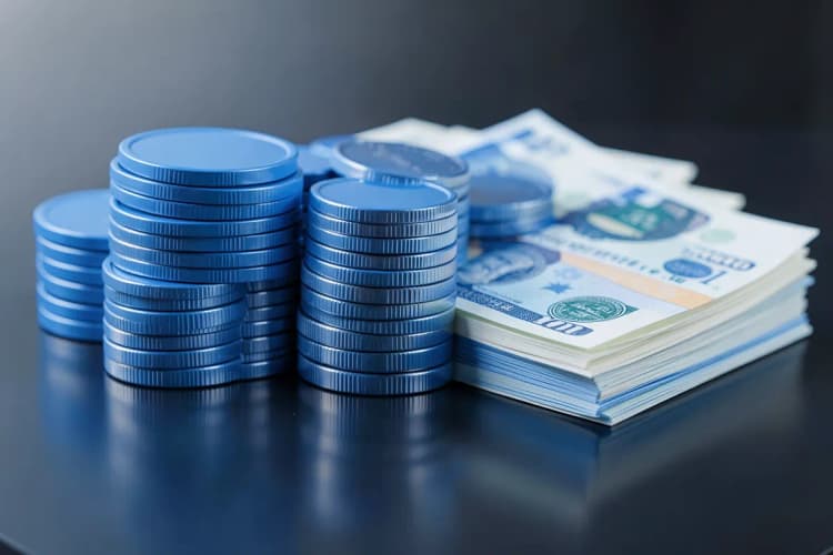 Pilhas de moedas e notas de dinheiro em cima de uma bancada.