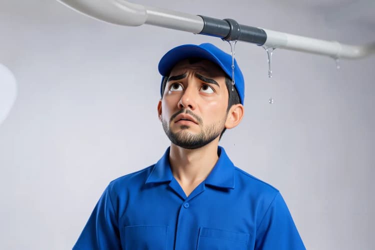 Encanador com uma expressão preocupada olhando para um cano pingando.