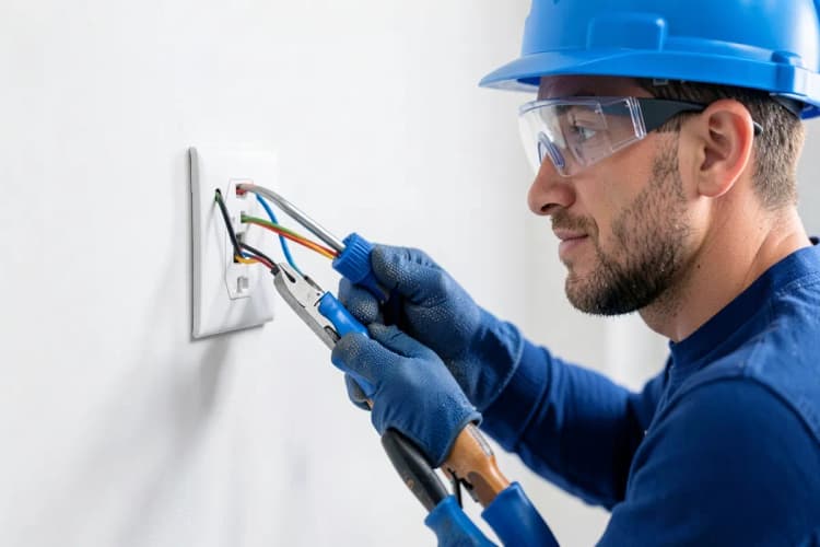 Eletricista instalando tomada em parede, com fios aparentes, detalhe da instalação