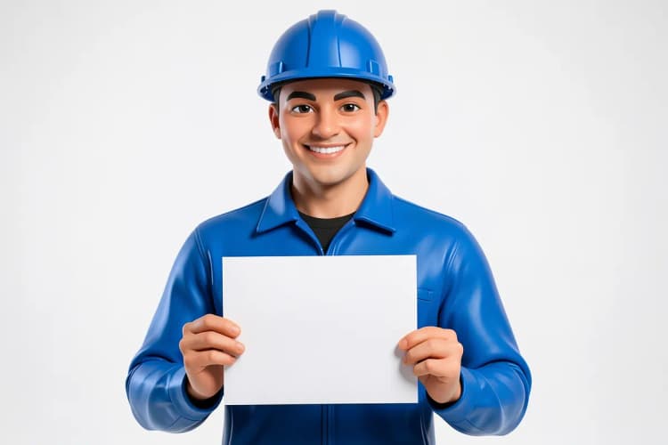 Eletricista sorrindo e mostrando um certificado de qualificação, plano médio