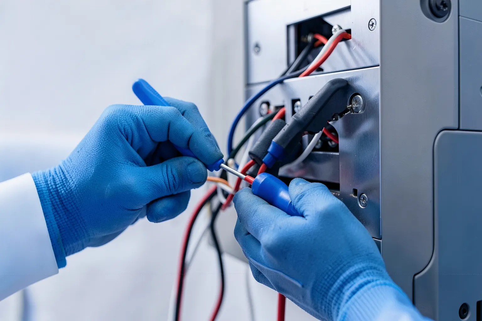 Eletricista trabalhando em um painel elétrico com ferramentas, close-up nas mãos e fios expostos