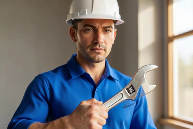 Um bombeiro hidráulico com uniforme azul e capacete branco segurando uma chave inglesa
