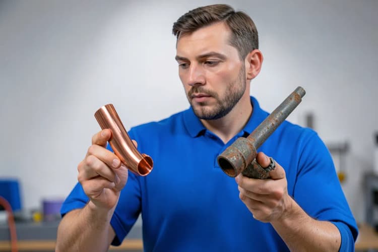Um bombeiro hidráulico comparando um cano novo com um cano velho e enferrujado