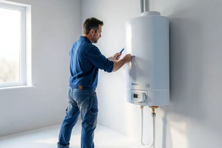 Um bombeiro hidráulico instalando um aquecedor de água em uma parede