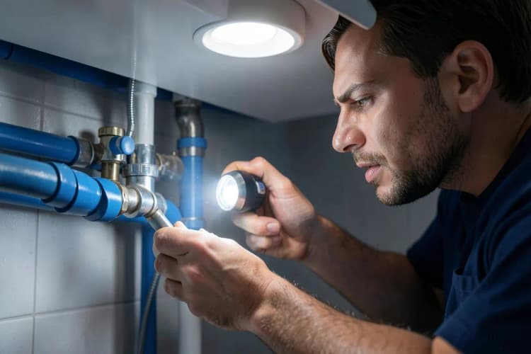 Um bombeiro hidráulico verificando um vazamento em um banheiro com uma lanterna