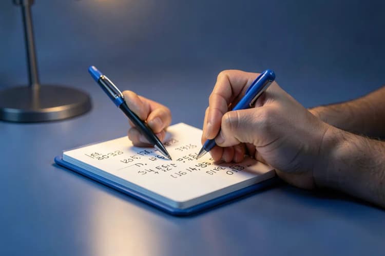 Um bombeiro hidráulico calculando o custo de um serviço em um bloco de notas