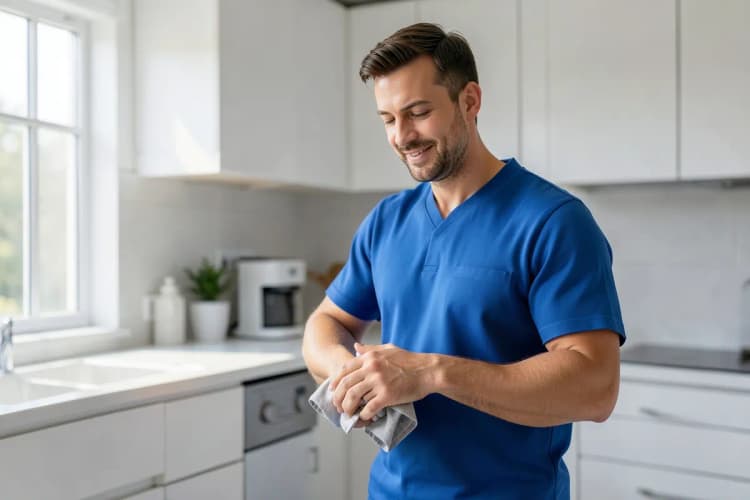 Um bombeiro hidráulico satisfeito após concluir um reparo em uma cozinha