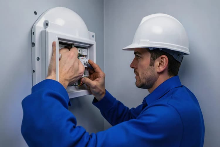Um eletricista com uniforme azul e capacete branco, concentrado, instalando um disjuntor em um quadro elétrico em uma parede interna.