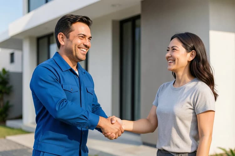 Um eletricista sorridente, de uniforme azul, apertando a mão de um cliente satisfeito em frente a uma casa com fachada moderna em Niterói.