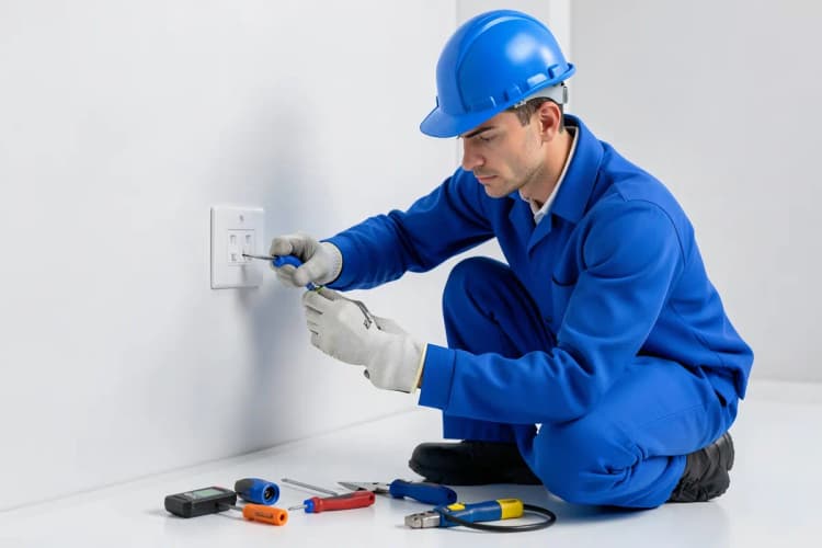 Um eletricista com uniforme azul, usando capacete e luvas, consertando uma tomada em uma parede interna com ferramentas à mão.