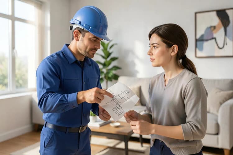 Um eletricista com uniforme azul, usando capacete, explicando um esquema elétrico em um papel dobrado para um cliente em uma sala de estar.