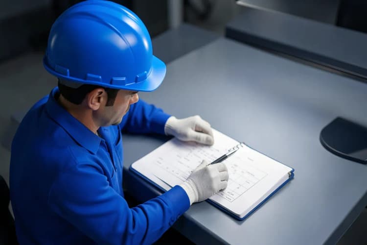 Um eletricista com uniforme azul, capacete e luvas, calculando custos em um bloco de notas fechado com uma caneta ao lado, em uma bancada de trabalho.