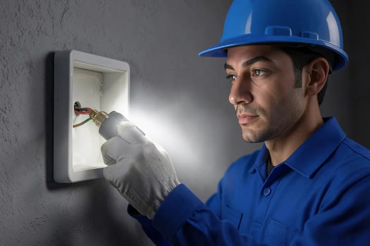 Um eletricista com uniforme azul, capacete e luvas, inspecionando um fio elétrico exposto com uma lanterna em uma caixa de junção externa.
