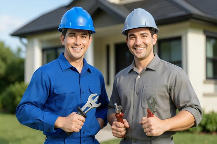 Um eletricista com uniforme azul e capacete, ao lado de um encanador com uniforme cinza, ambos sorrindo em frente a uma casa com ferramentas.
