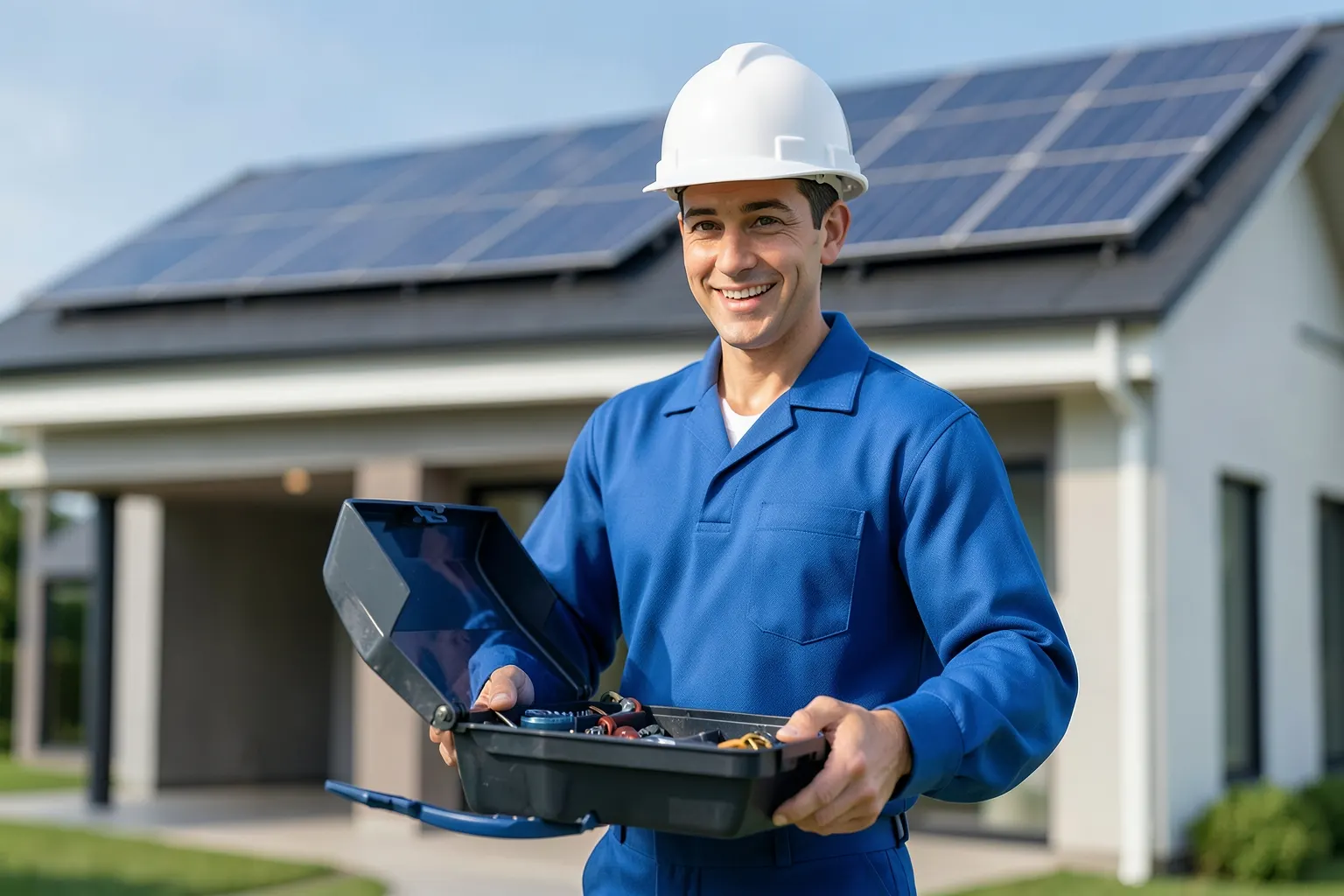 Um eletricista sorridente com uniforme azul e capacete branco, segurando uma caixa de ferramentas aberta, em frente a uma casa com painéis solares no telhado.