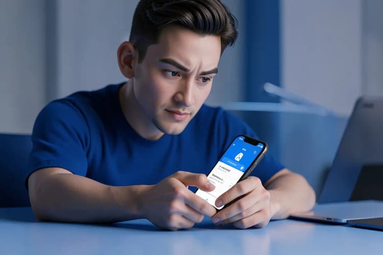 Homem procurando por um encanador em seu celular.