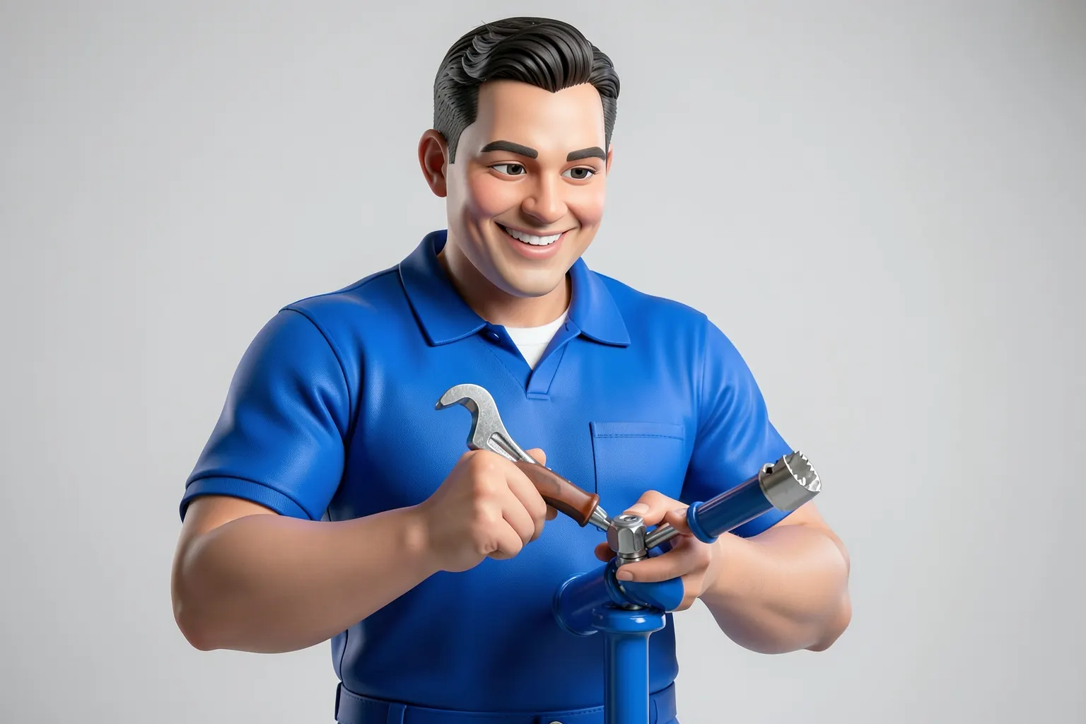 Encanador sorrindo com ferramentas de trabalho em mãos.