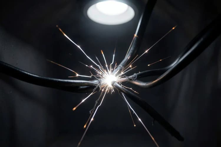 Um close-up de fios elétricos desencapados e soltando faíscas em um ambiente escuro.