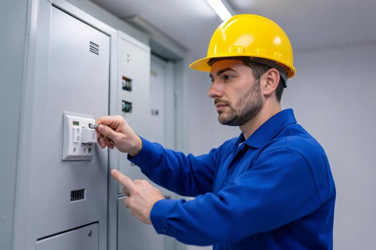 Um eletricista com uniforme azul e capacete amarelo desligando o disjuntor principal de uma caixa de energia.