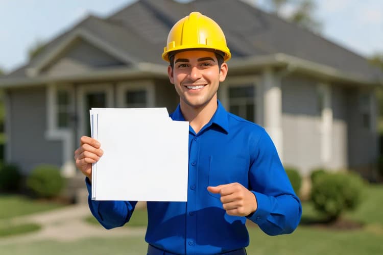 Um eletricista sorrindo e mostrando um certificado em frente a uma casa.