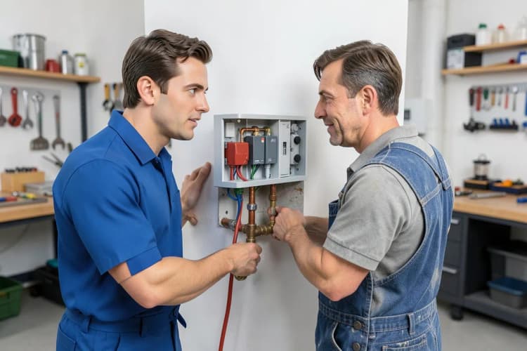 Um eletricista e um bombeiro hidráulico trabalhando juntos em uma caixa de fusíveis e canos.