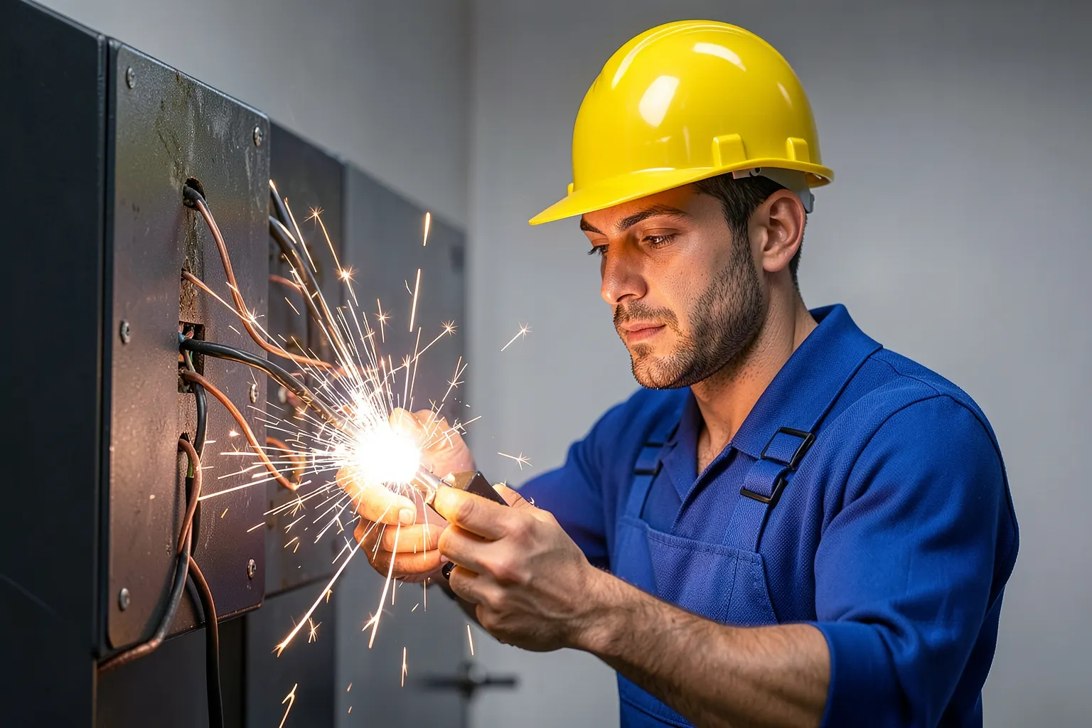 Um eletricista trabalhando em um painel elétrico com ferramentas, com faíscas visíveis e um fundo escuro.