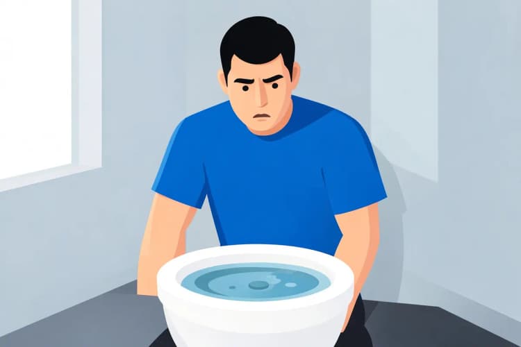 Homem olhando preocupado para um vaso sanitário com água parada