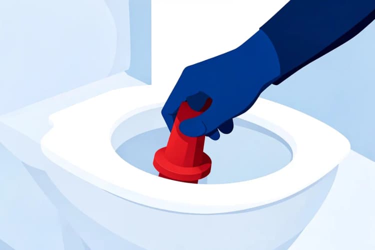 Mão usando um desentupidor de borracha em um vaso sanitário