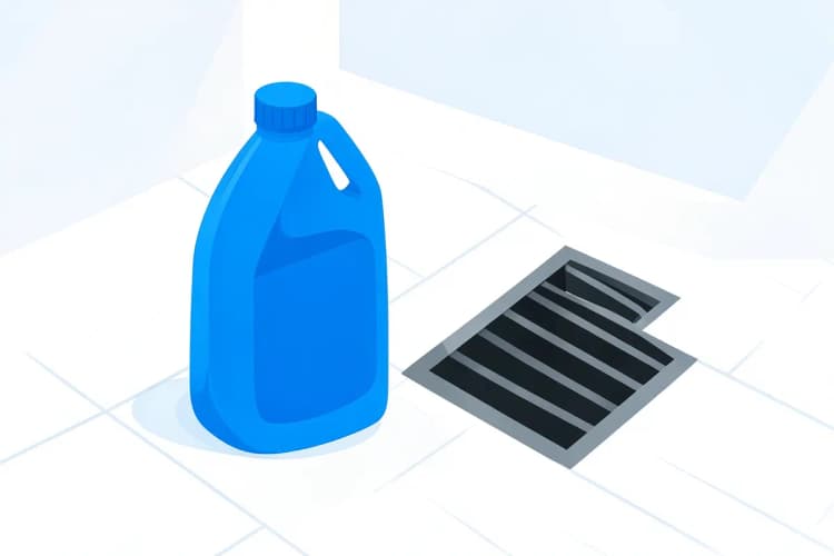 Garrafa de produto químico de limpeza de canos em cima de um ralo de banheiro