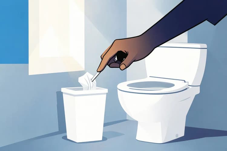 Pessoa jogando lixo em uma lixeira ao lado de um vaso sanitário
